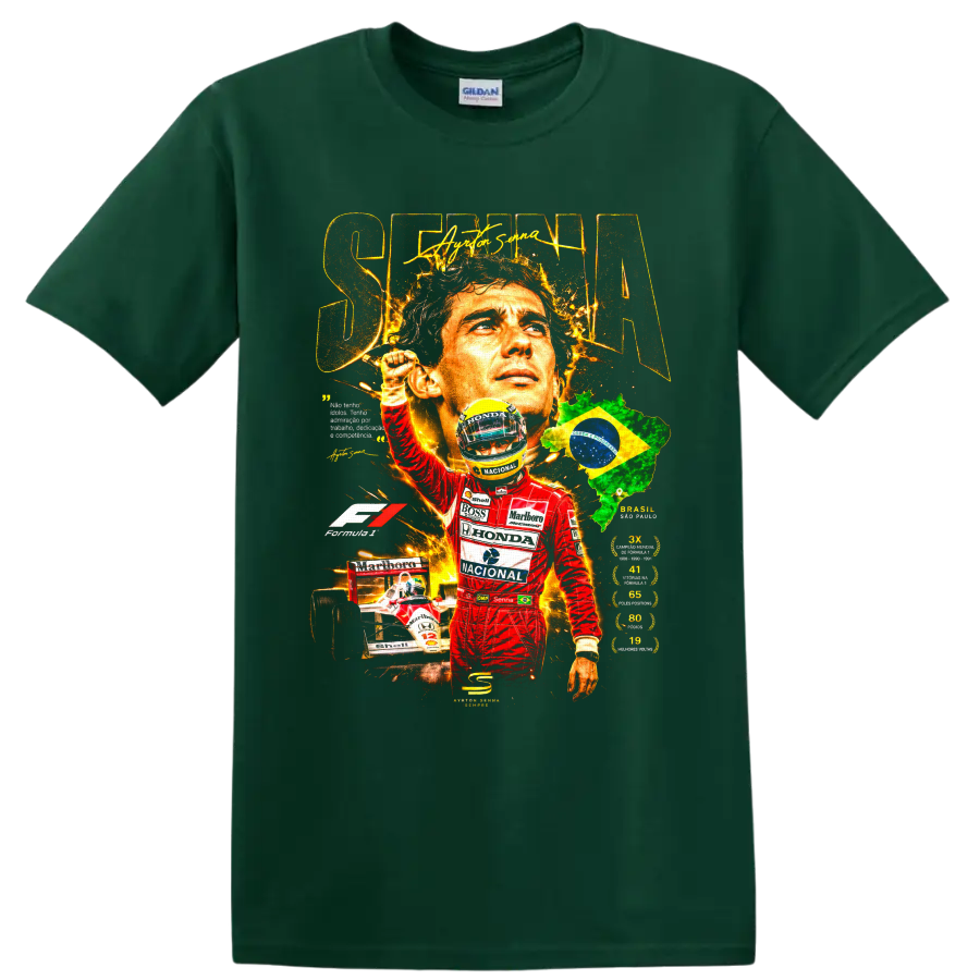 Ayrton Senna Formula 1 tribute collage with Brazil map, race car, and helmet on a Forest Green T Shirt