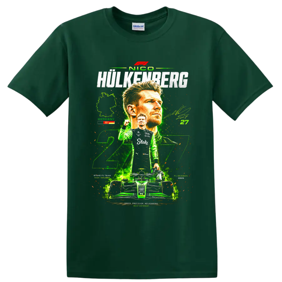 Nico Hülkenberg Kick Sauber 27 racing collage with portrait, helmet, and race car on a Forest Green T Shirt