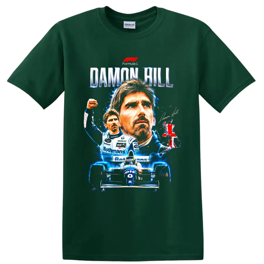 Damon Hill Williams Formula 1 portrait collage with race car and DAMON HILL text on a Forest Green T Shirt