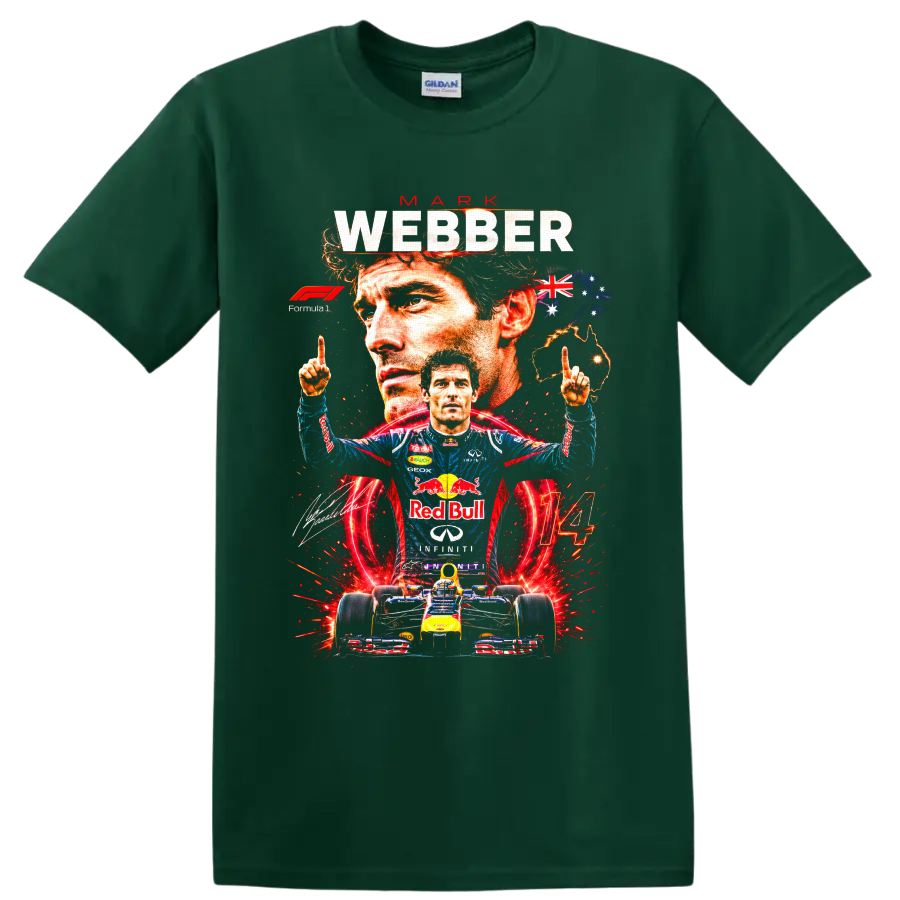 Mark Webber Red Bull Racing Formula 1 collage with Australian flag, race car and number 14 on a Forest Green T Shirt
