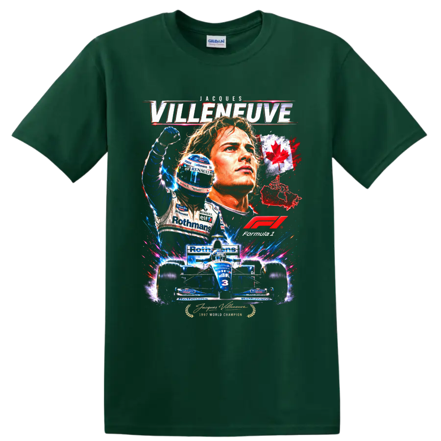 Jacques Villeneuve Williams Renault 1997 champion racing collage with Canadian maple leaf on a Forest Green T Shirt