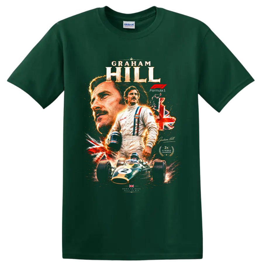 Graham Hill Formula 1 portrait with vintage number 2 race car and Union Jack collage on a Forest Green T Shirt
