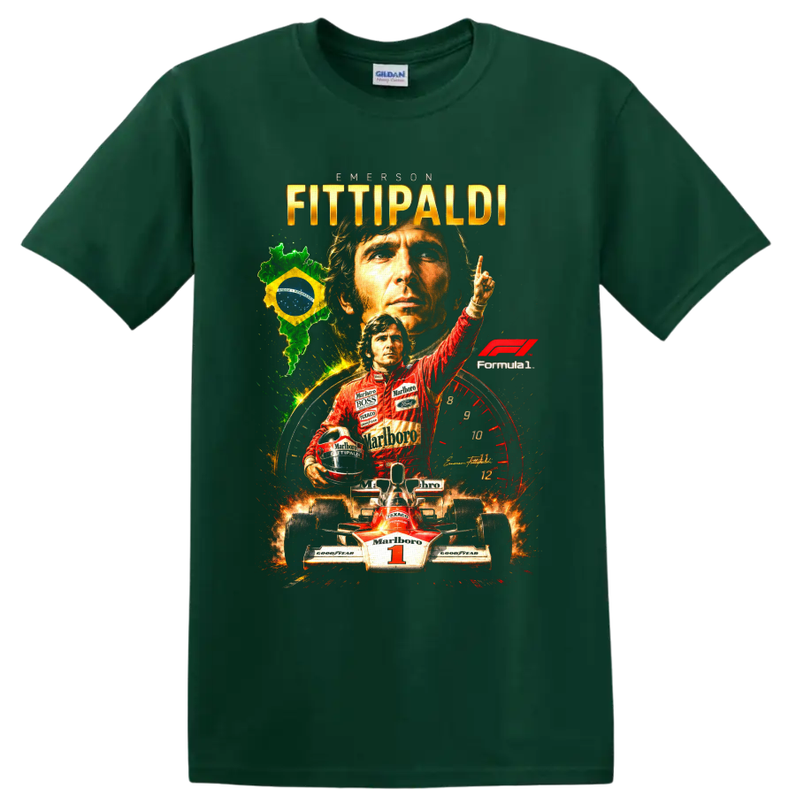 Emerson Fittipaldi Formula 1 racing collage with Brazil flag, number 1 car and portraits on a Forest Green T Shirt