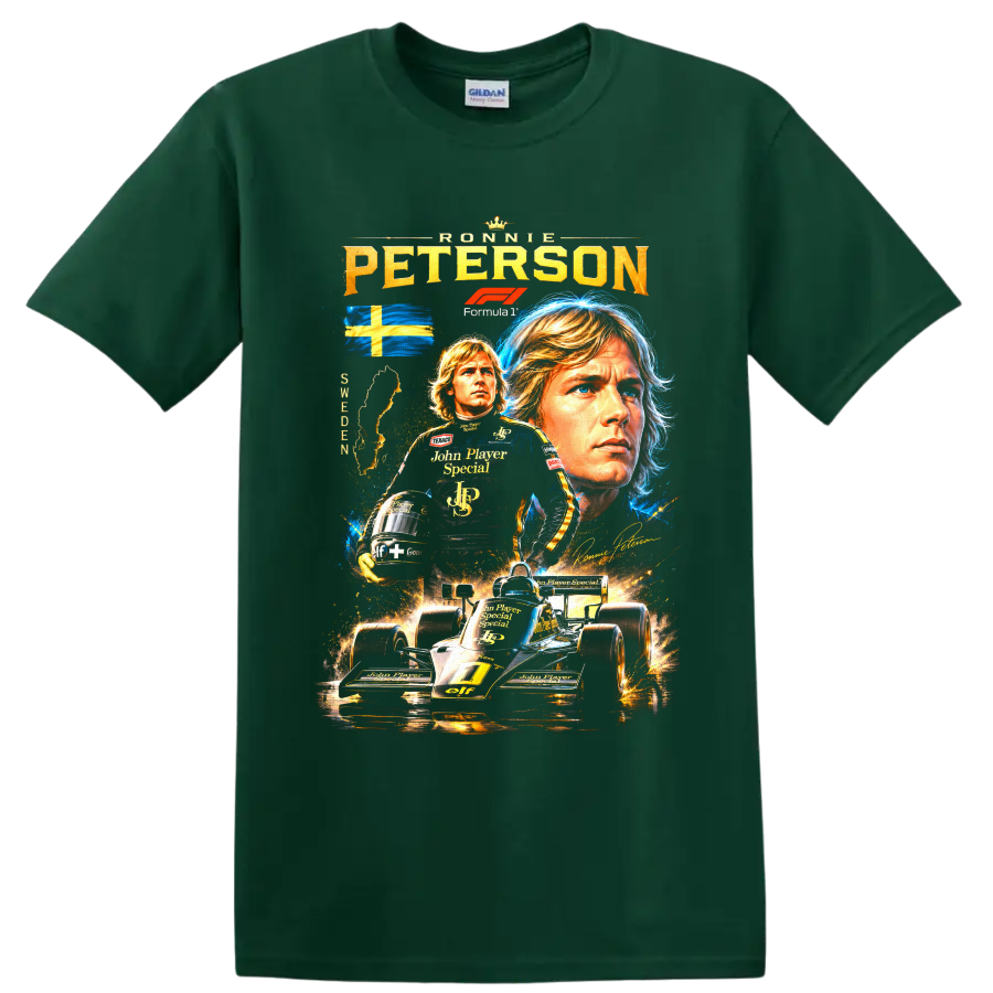Ronnie Peterson Lotus Formula 1 collage with Swedish flag and black-and-gold race car on a Forest Green T Shirt