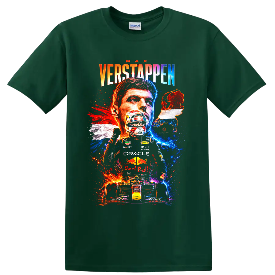 Max Verstappen Formula 1 portrait, helmet, race car, and Netherlands map graphic on a Forest Green T Shirt