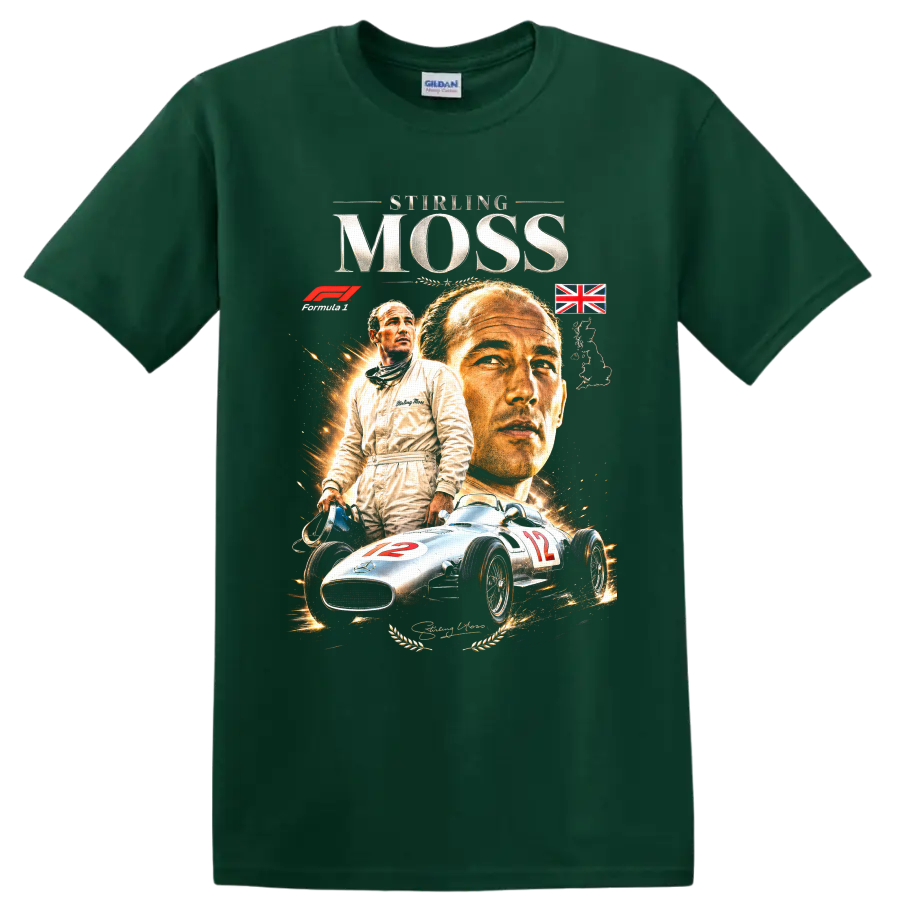 Stirling Moss portrait with silver number 12 Mercedes-Benz race car vintage racing graphic on a Forest Green T Shirt