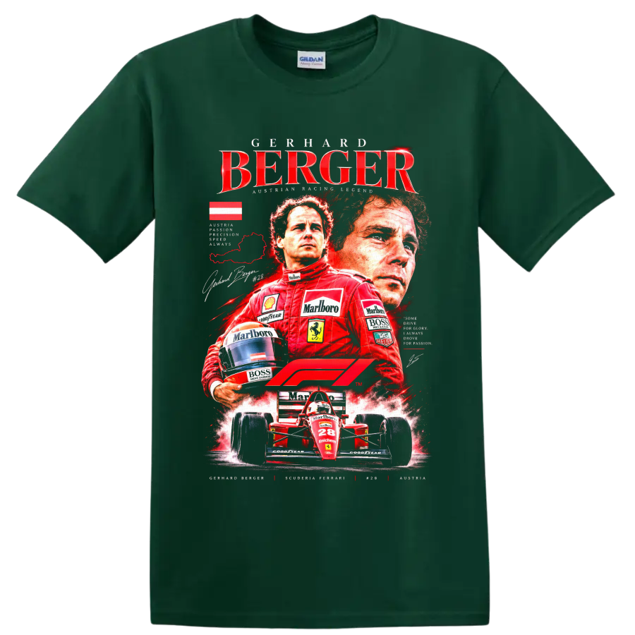 Gerhard Berger Ferrari Formula 1 vintage racing collage with red number 28 car on a Forest Green T Shirt
