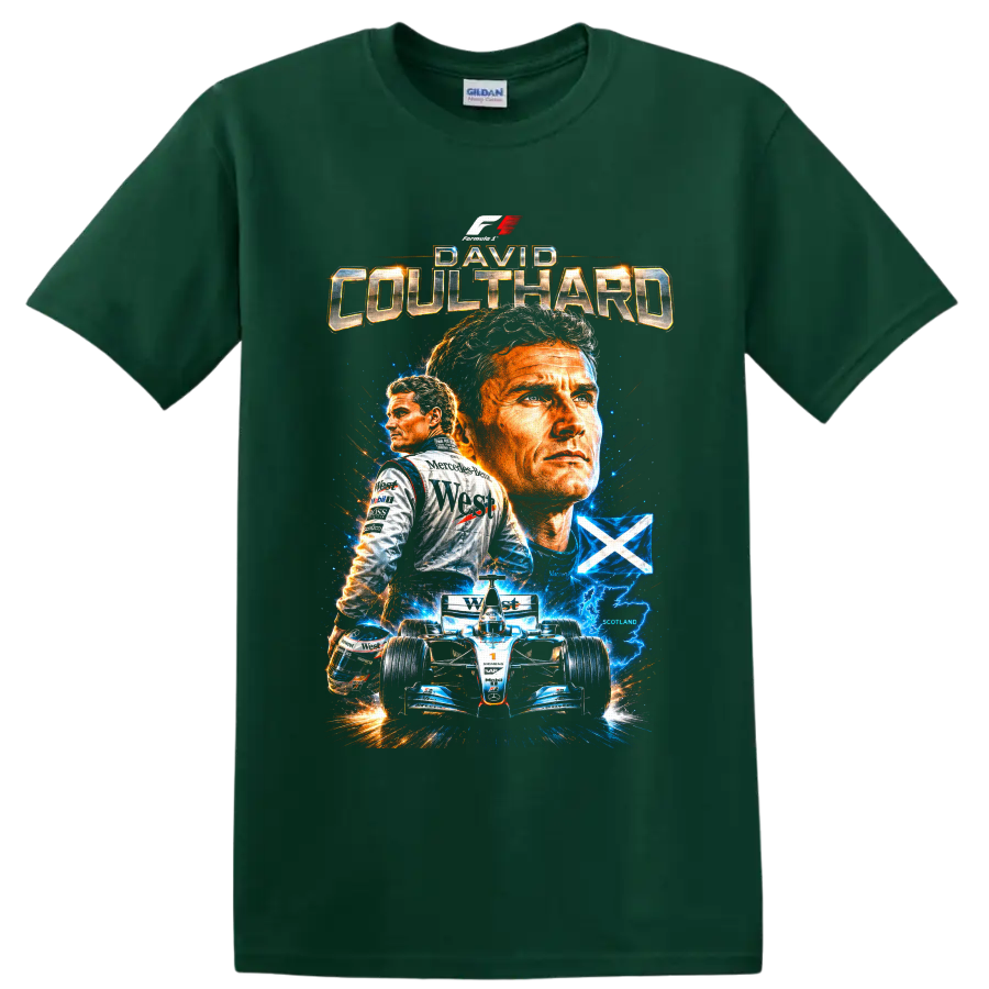 David Coulthard Formula 1 collage with McLaren car, Scotland flag, and electric effects on a Forest Green T Shirt