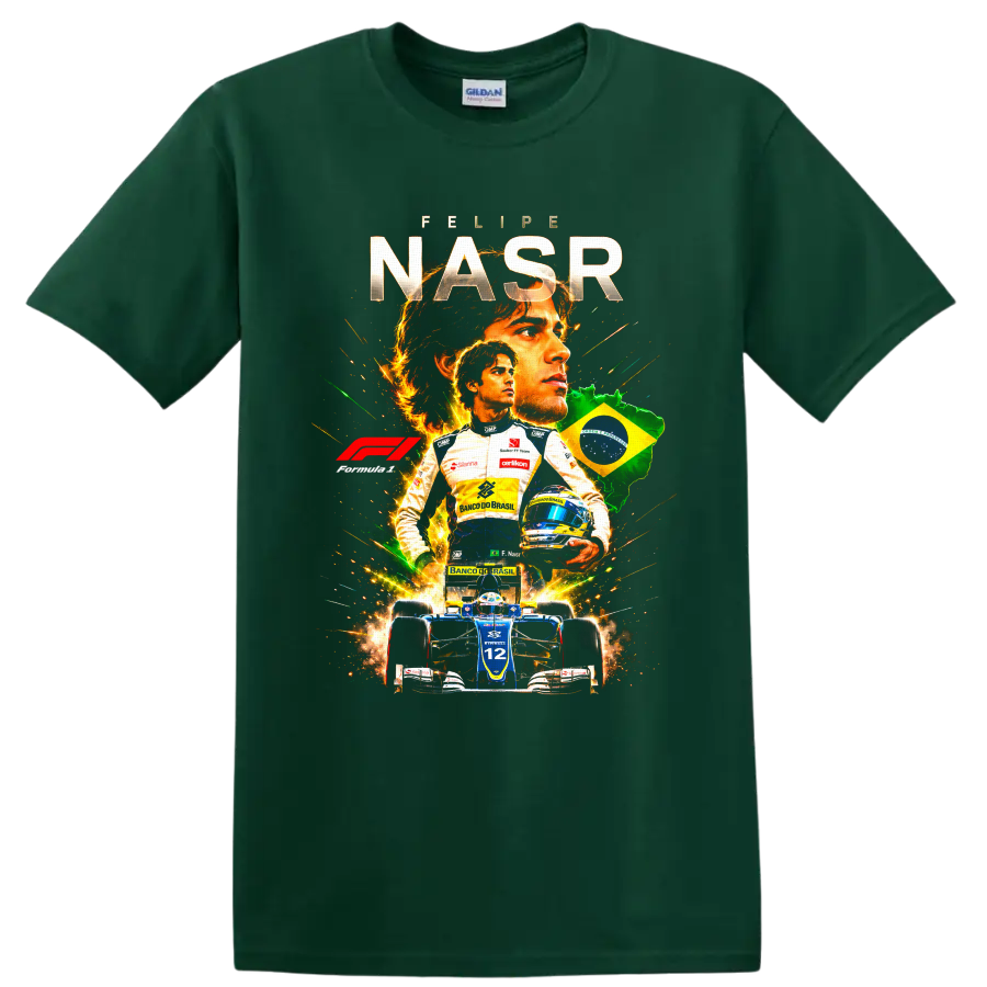 Felipe Nasr Formula 1 racing collage with Brazil flag and number 12 car on a Forest Green T Shirt