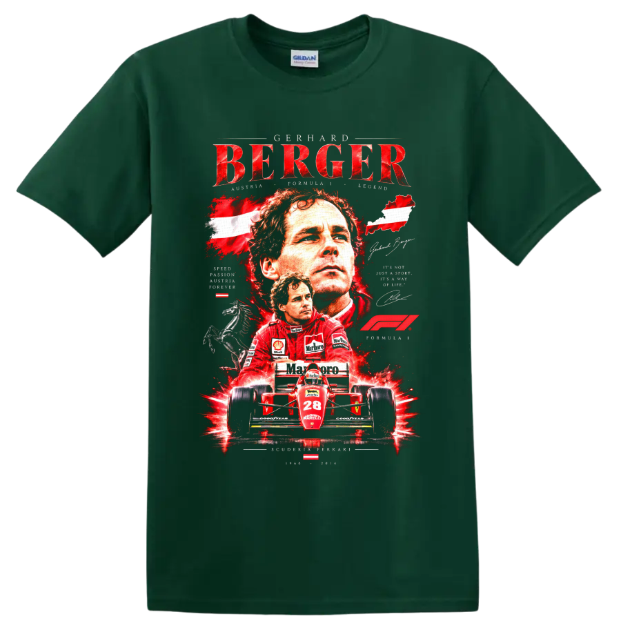 Gerhard Berger Ferrari Formula 1 portrait and number 28 race car collage graphic on a Forest Green T Shirt