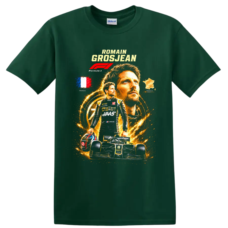 Romain Grosjean Haas F1 racing collage with number 8 car and French imagery on a Forest Green T Shirt