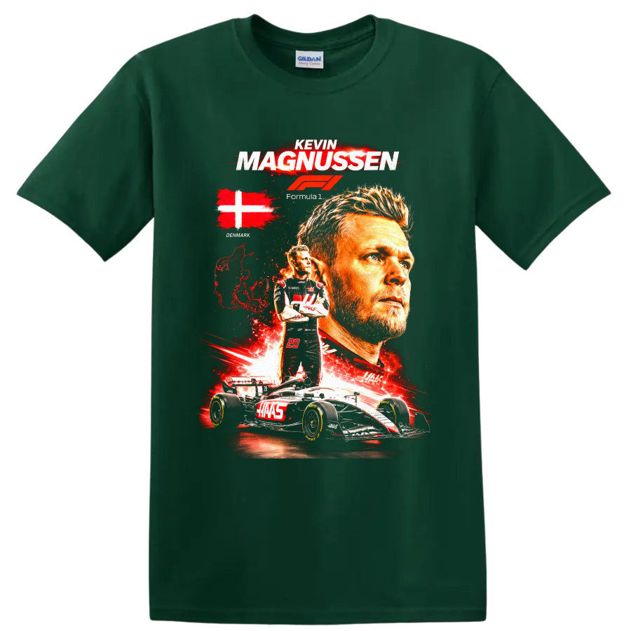 Kevin Magnussen Haas Formula 1 collage with Denmark flag, number 20, and race car on a Forest Green T Shirt