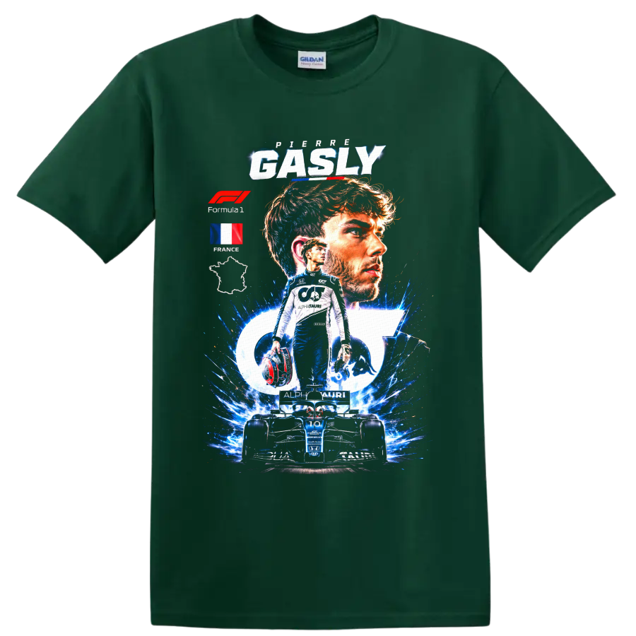 Pierre Gasly AlphaTauri Formula 1 portrait and race car graphic with French details on a Forest Green T Shirt