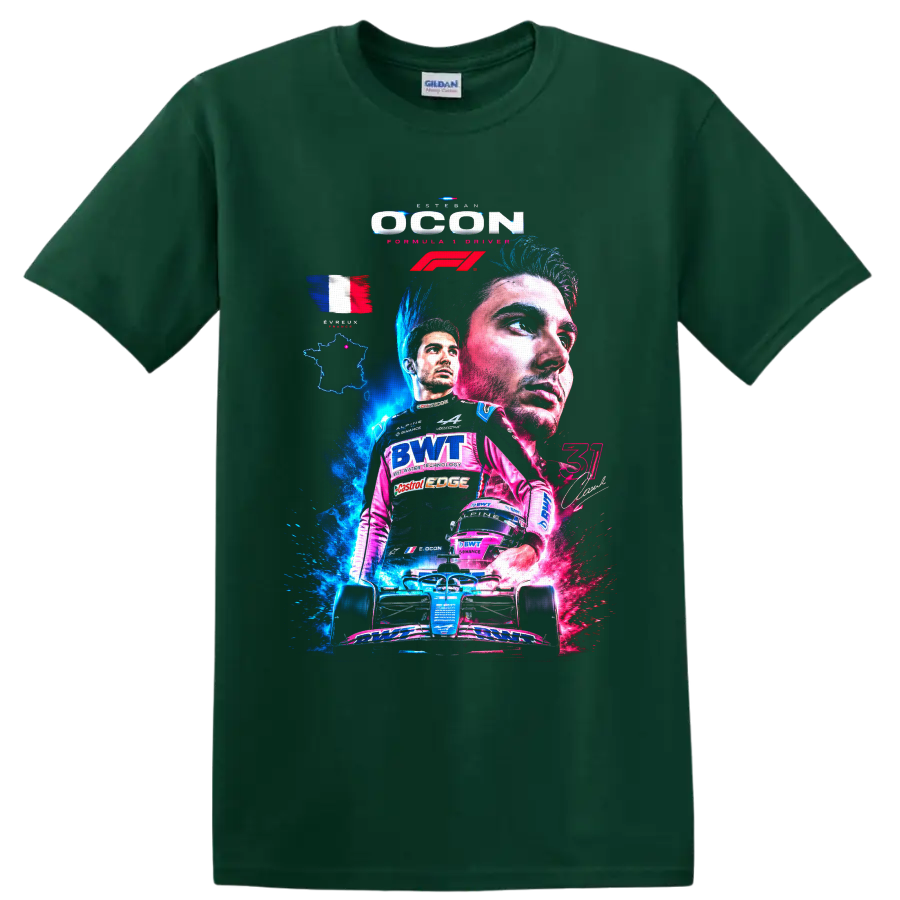 Esteban Ocon Alpine Formula 1 collage with French flag, helmet, and race car on a Forest Green T Shirt