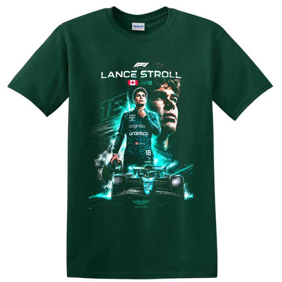 Lance Stroll Aston Martin Formula 1 driver collage with number 18 race car on a Forest Green T Shirt