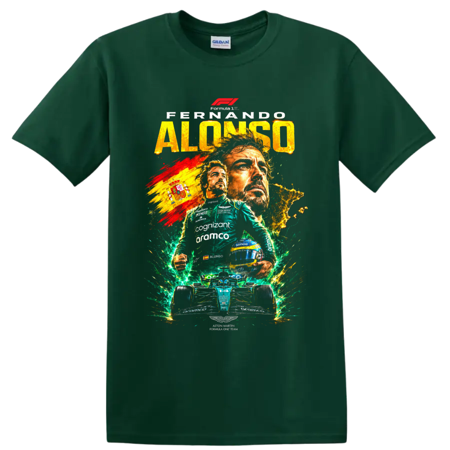 Fernando Alonso Aston Martin Formula 1 collage with number 14 car and Spanish flag on a Forest Green T Shirt