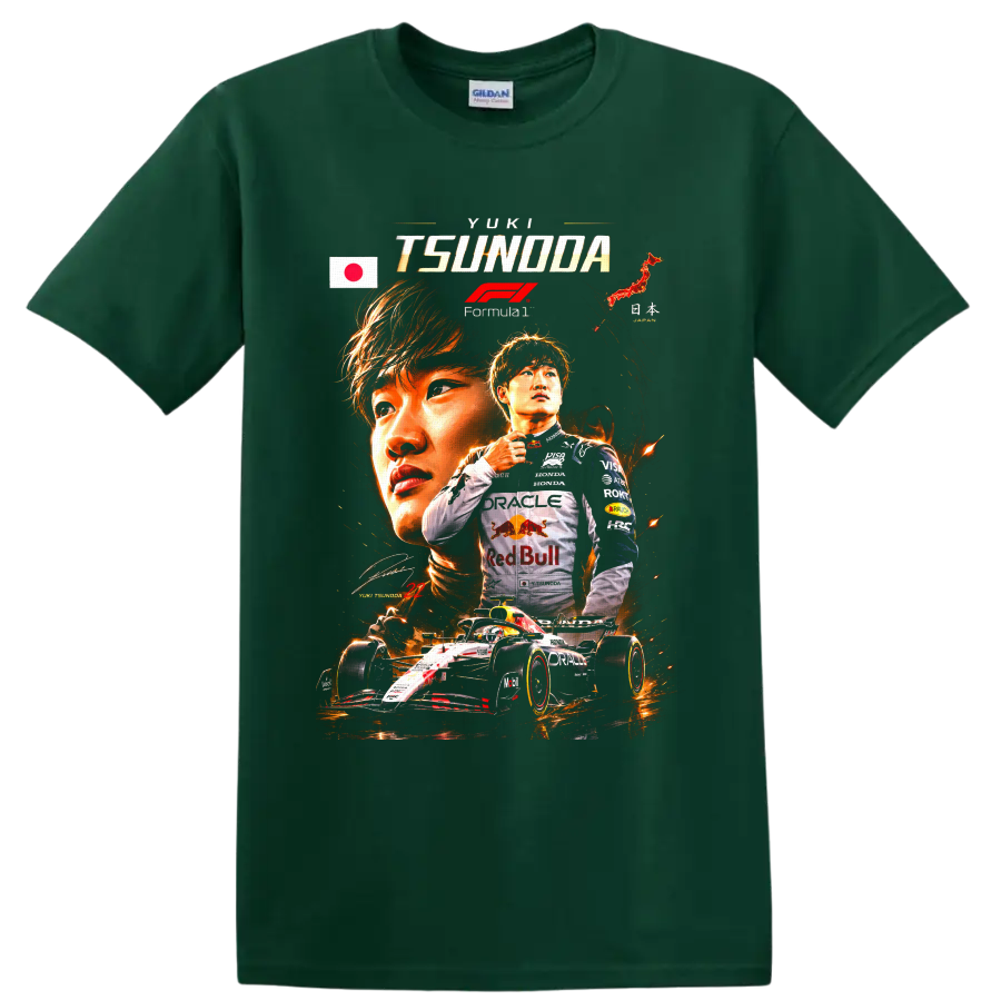 Yuki Tsunoda Formula 1 racing collage with Japanese flag, fiery portraits, and race car on a Forest Green T Shirt