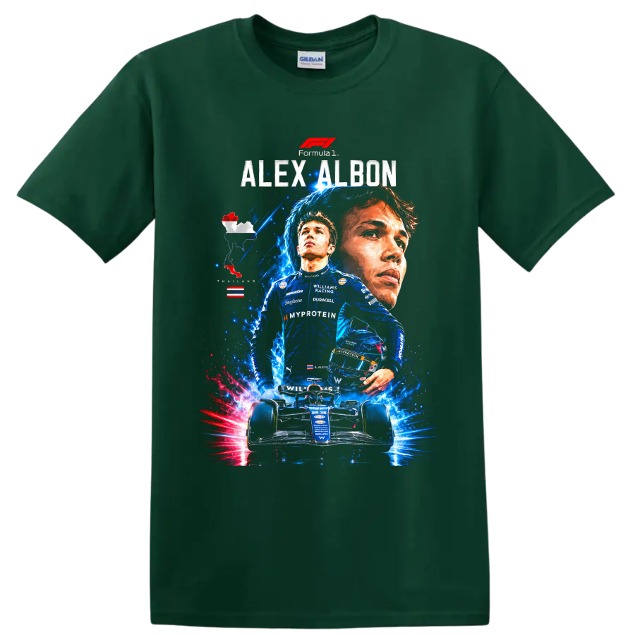 Alex Albon Williams Racing Formula 1 portrait, driver, helmet and race car graphic on a Forest Green T Shirt