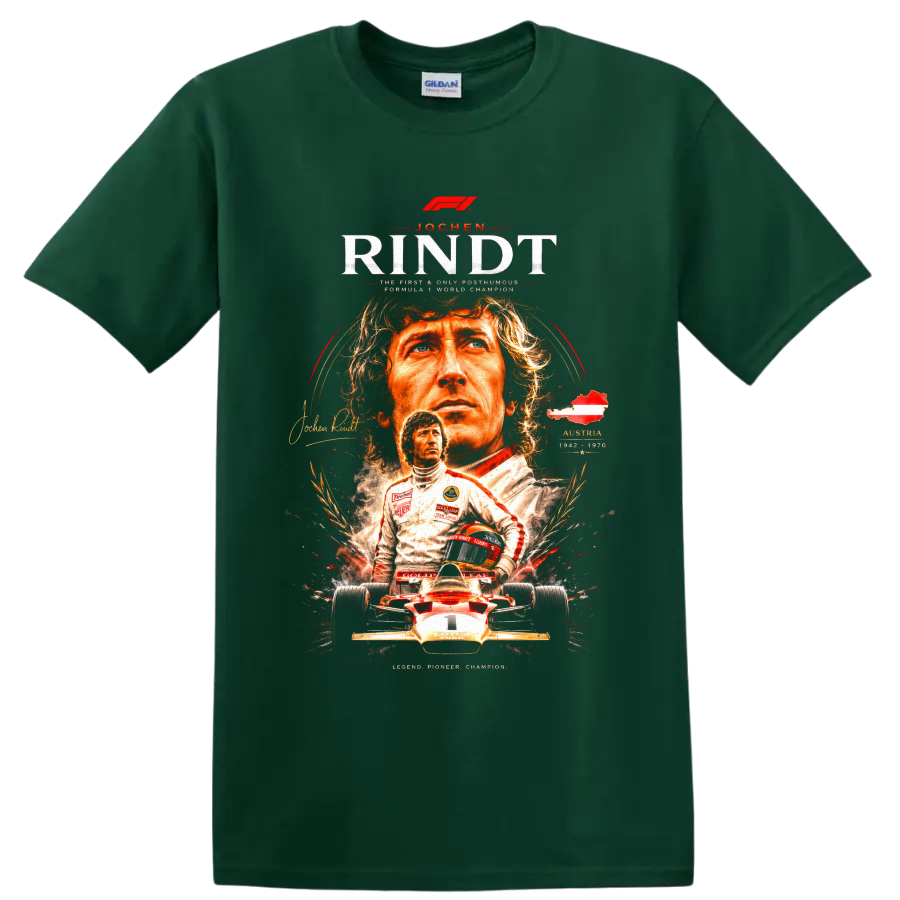 Jochen Rindt Team Lotus vintage Formula 1 portrait and race car graphic print on a Forest Green T Shirt