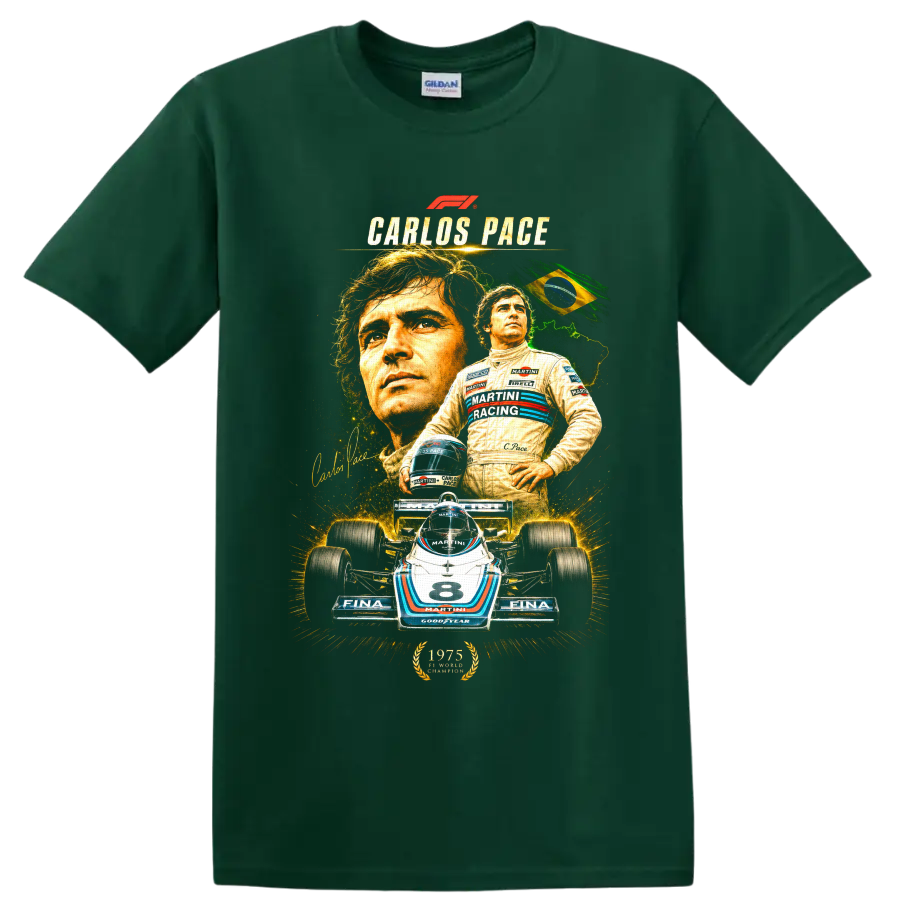 Carlos Pace portrait and Brabham Martini number 8 Formula 1 car collage on a Forest Green T Shirt