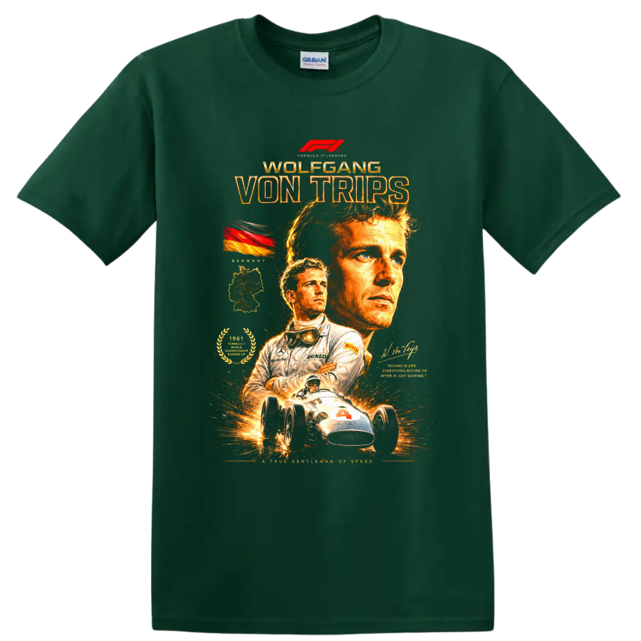 Wolfgang von Trips vintage racing portraits with German flag and open-wheel race car on a Forest Green T Shirt