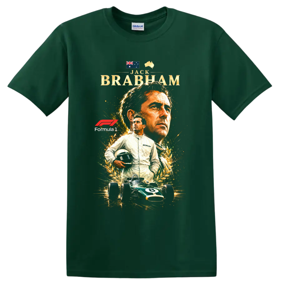 Jack Brabham Formula 1 tribute with Australian symbols, laurel art and vintage race car on a Forest Green T Shirt