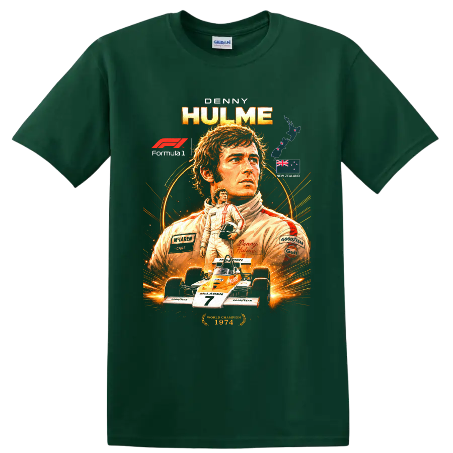 Denny Hulme Formula 1 portrait with McLaren race car and New Zealand flag artwork on a Forest Green T Shirt