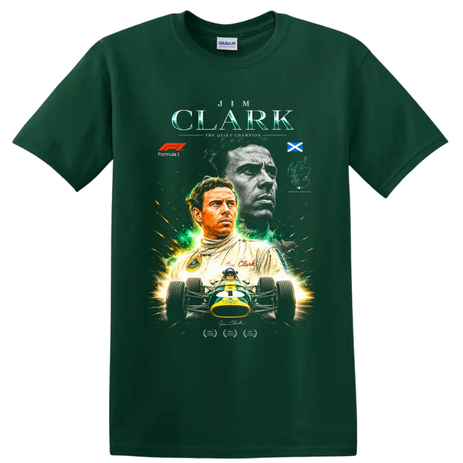 Jim Clark Lotus Formula 1 tribute with Scottish flag, portraits, and vintage race car on a Forest Green T Shirt