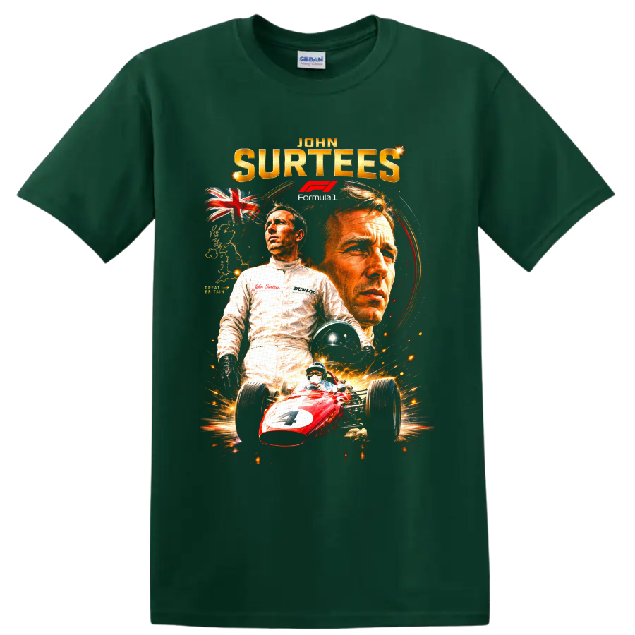 John Surtees Formula 1 collage with portraits, Union Jack, helmet, and red number 7 car on a Forest Green T Shirt