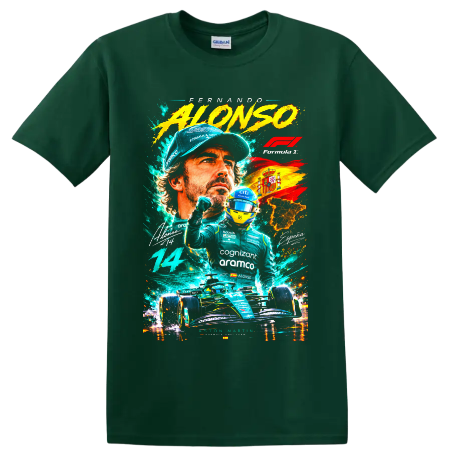 Fernando Alonso Formula 1 racing collage with Aston Martin car, helmet, number 14 and on a Forest Green T Shirt