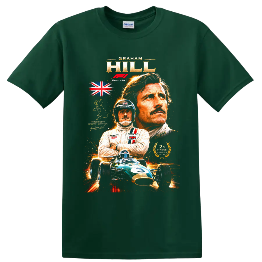 Graham Hill portrait and vintage number 3 Formula 1 car British racing tribute on a Forest Green T Shirt