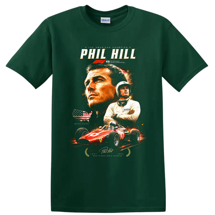 Phil Hill portraits and 1961 Ferrari race car American Champion graphic on a Forest Green T Shirt
