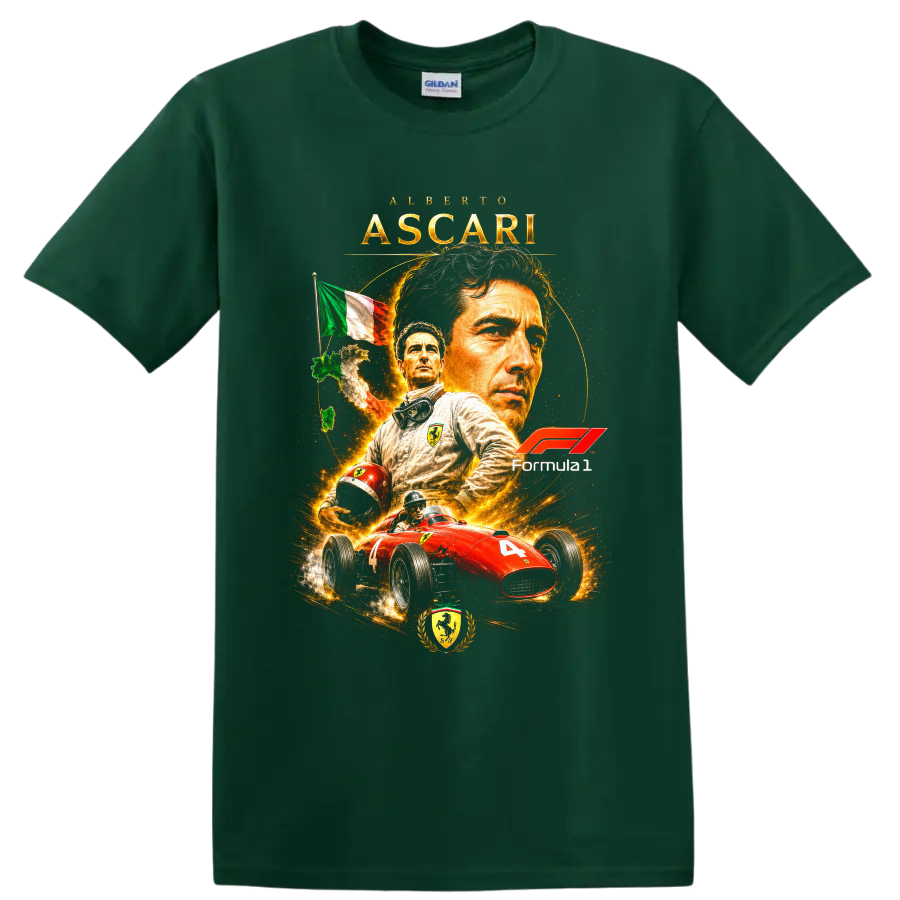 Alberto Ascari Ferrari Formula 1 portrait with red number 4 vintage race car on a Forest Green T Shirt