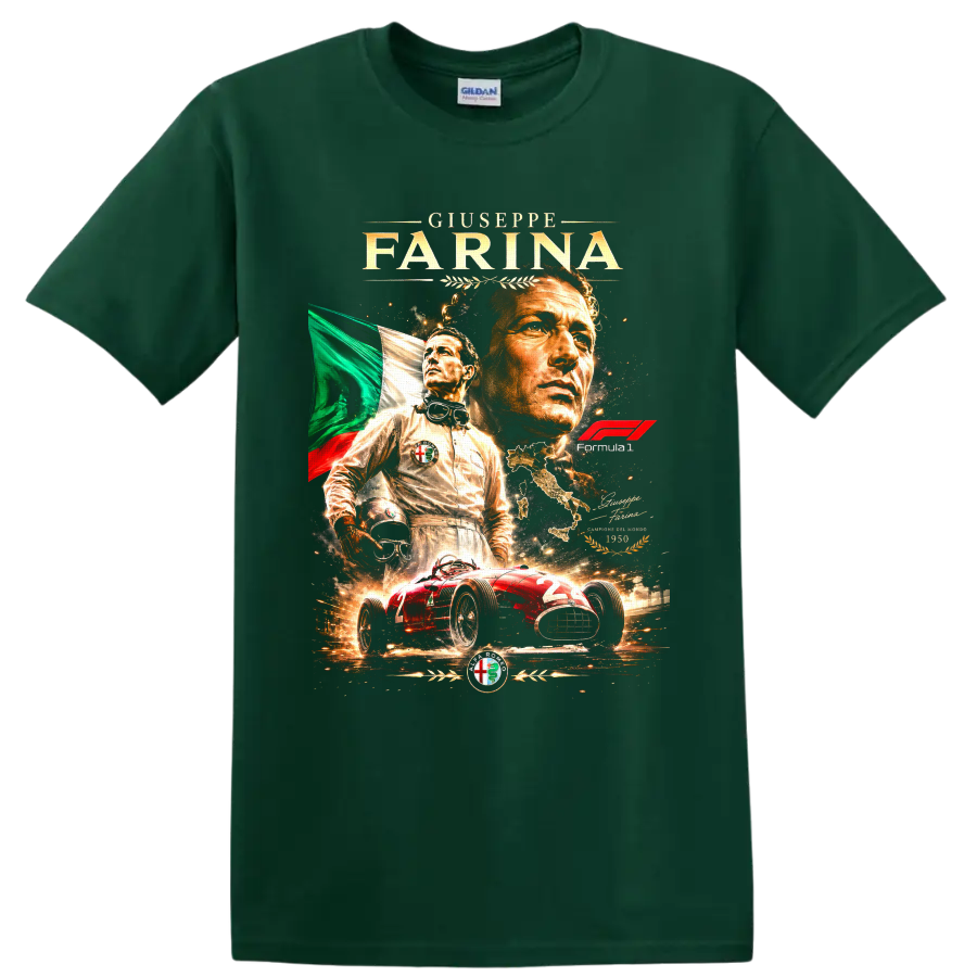 Giuseppe Farina vintage Formula 1 portrait with Alfa Romeo race car and Italian flag on a Forest Green T Shirt