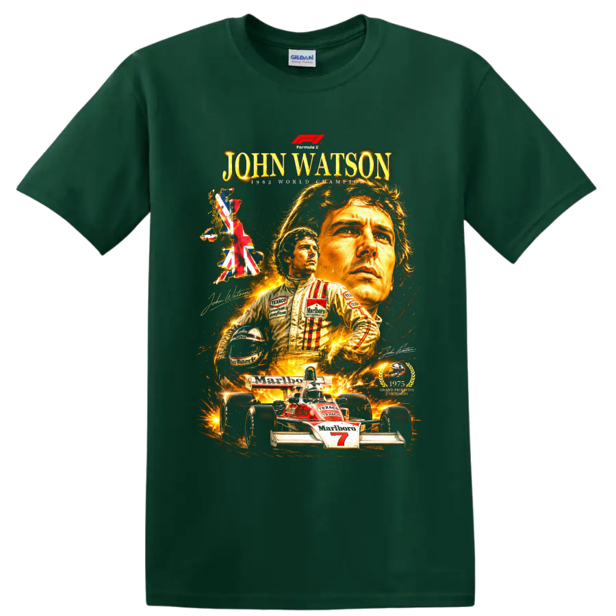 John Watson McLaren Formula 1 portrait collage with British map and number 7 race car on a Forest Green T Shirt