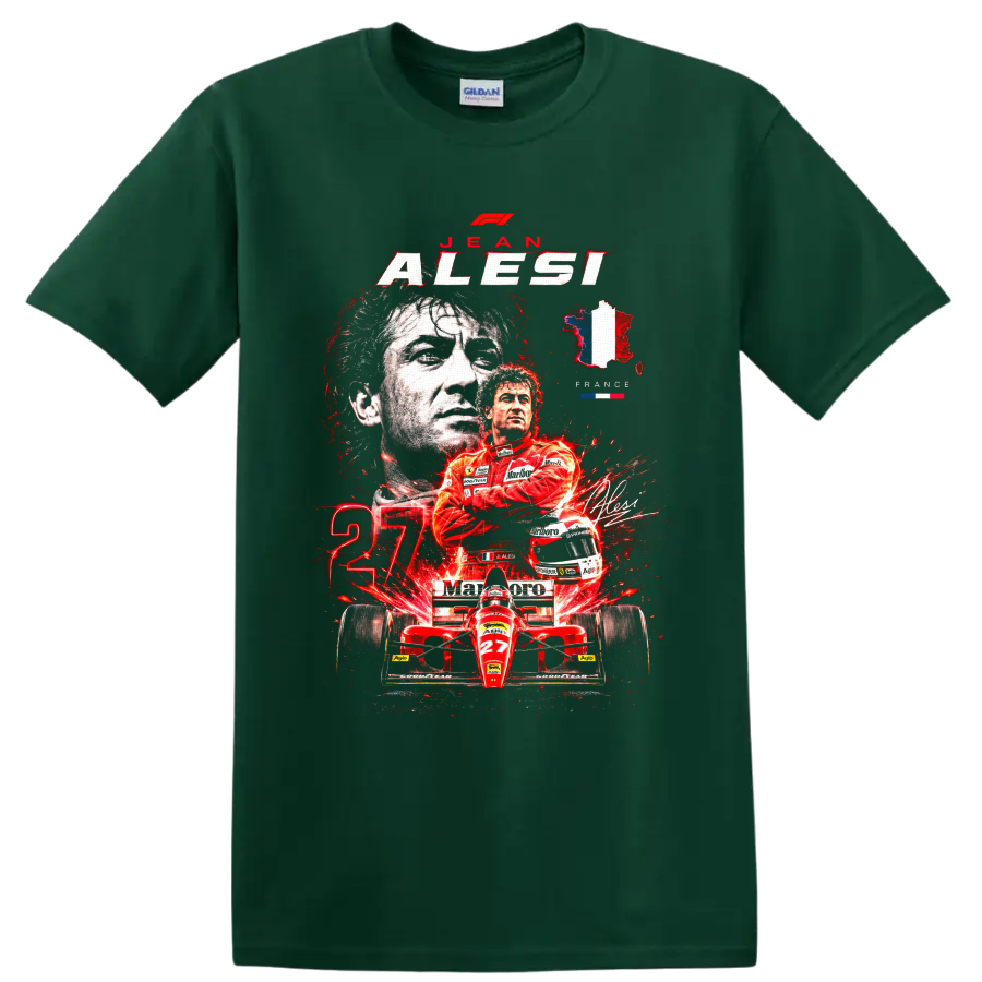 Jean Alesi Ferrari Formula 1 portrait, red number 27 car, and France graphic on a Forest Green T Shirt