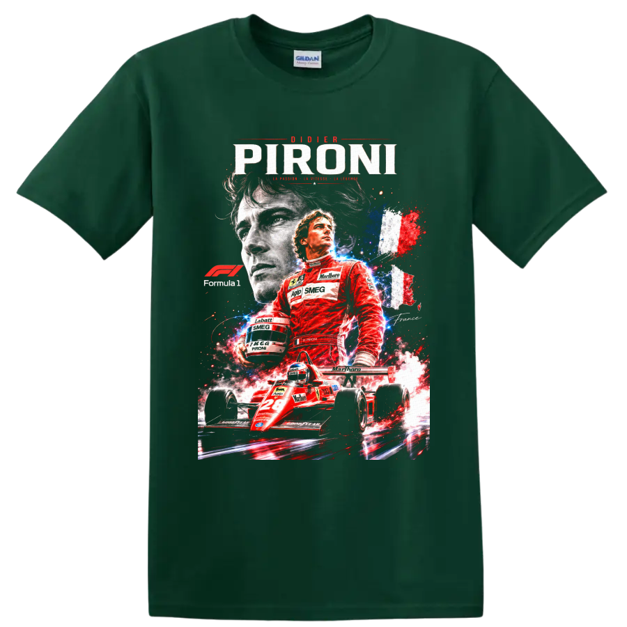 Didier Pironi Ferrari No. 28 Formula 1 collage with French tricolor racing art on a Forest Green T Shirt