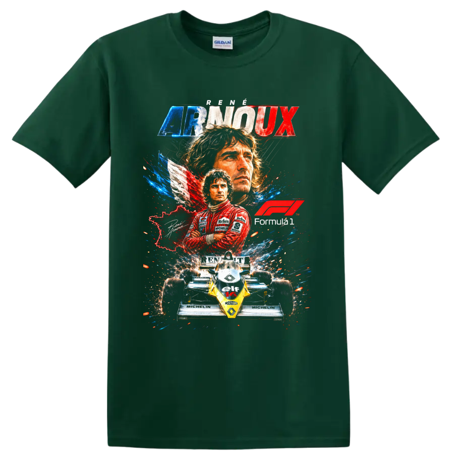 René Arnoux Renault Formula 1 retro collage with driver portraits and No. 16 race car on a Forest Green T Shirt
