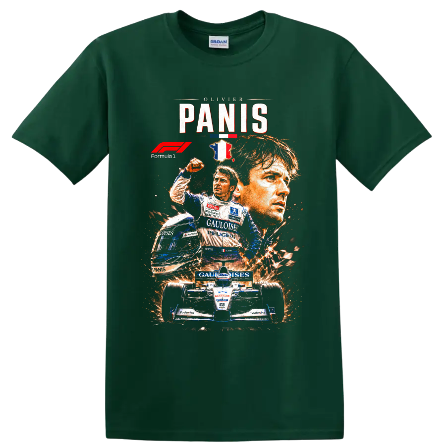 Olivier Panis Ligier Formula 1 portrait collage with French racing car and sparks on a Forest Green T Shirt