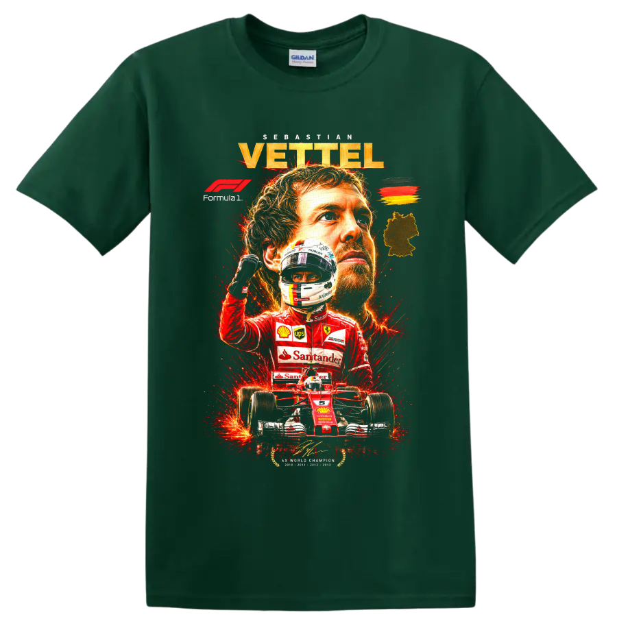 Sebastian Vettel Ferrari Formula 1 portrait, helmet, and red race car graphic on a Forest Green T Shirt