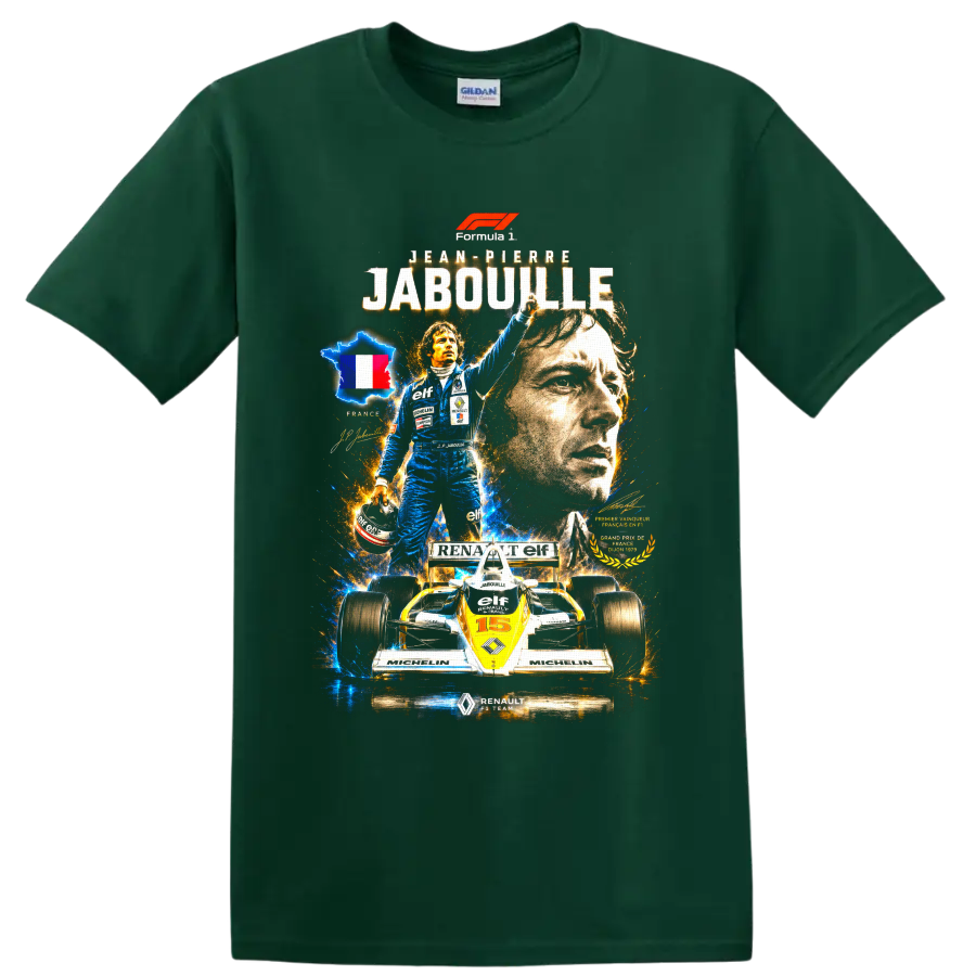 Jean-Pierre Jabouille Renault Formula 1 vintage racing collage with No. 15 car on a Forest Green T Shirt