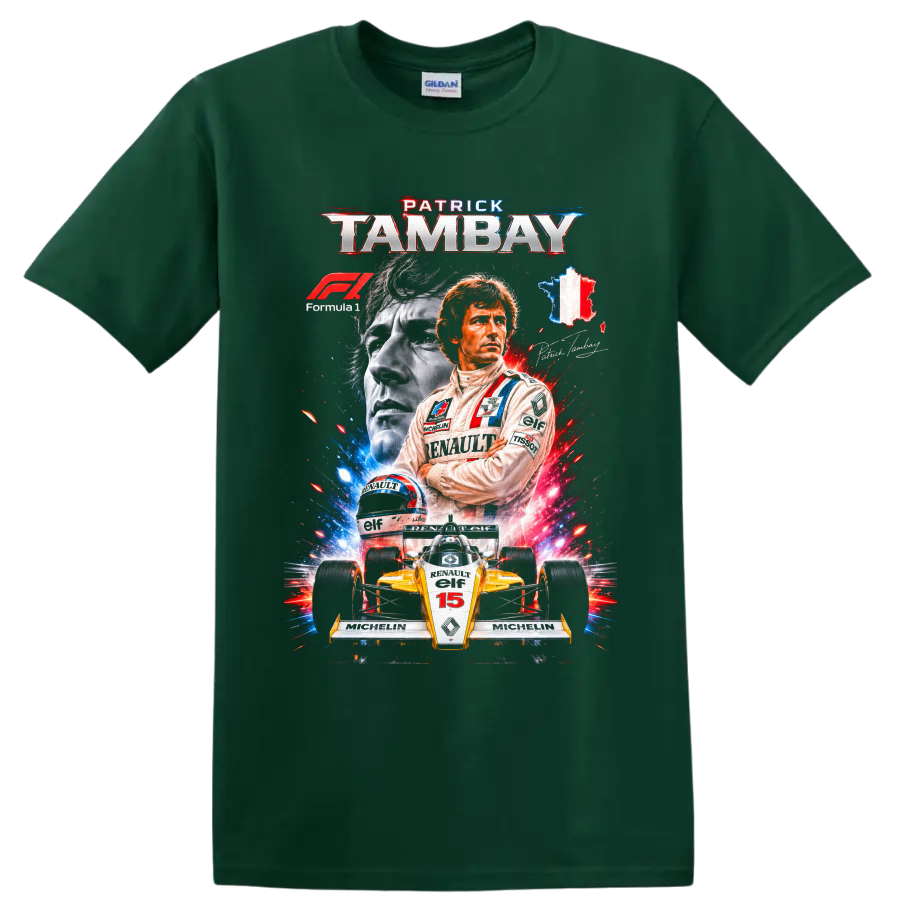 Patrick Tambay Renault Formula 1 portrait, helmet, and number 15 race car graphic on a Forest Green T Shirt