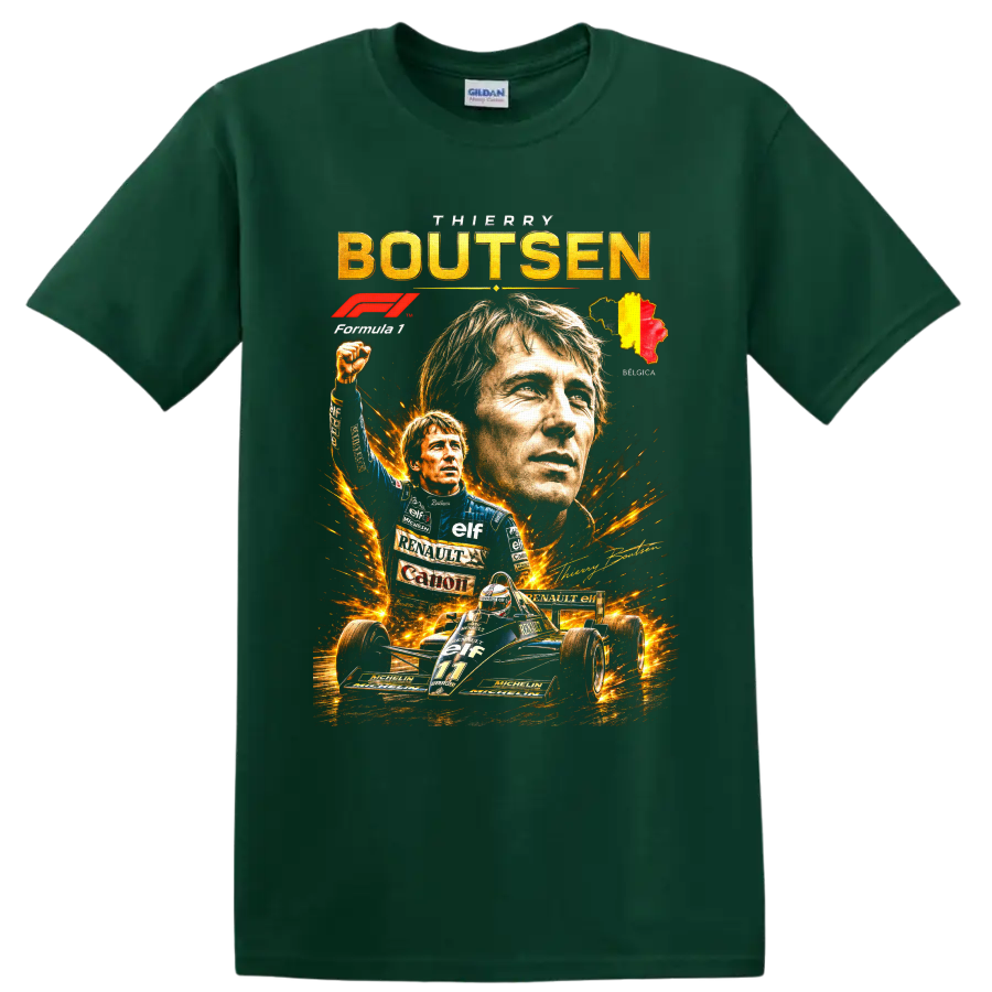 Thierry Boutsen Formula 1 portrait collage with Renault number 11 car and Belgian map on a Forest Green T Shirt