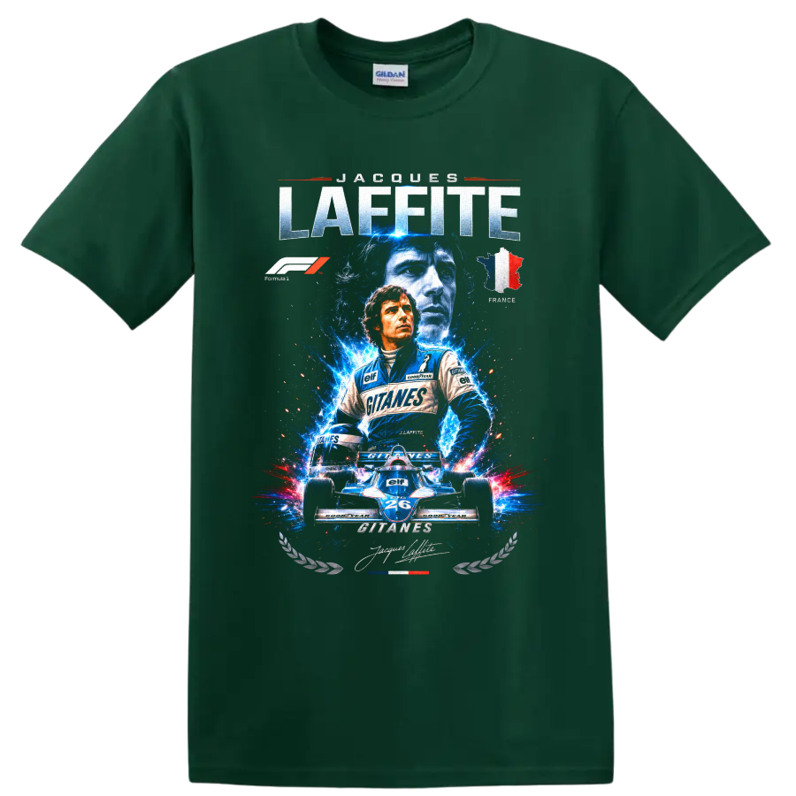 Jacques Laffite Ligier Formula 1 racing art with number 26 car and French tricolor on a Forest Green T Shirt