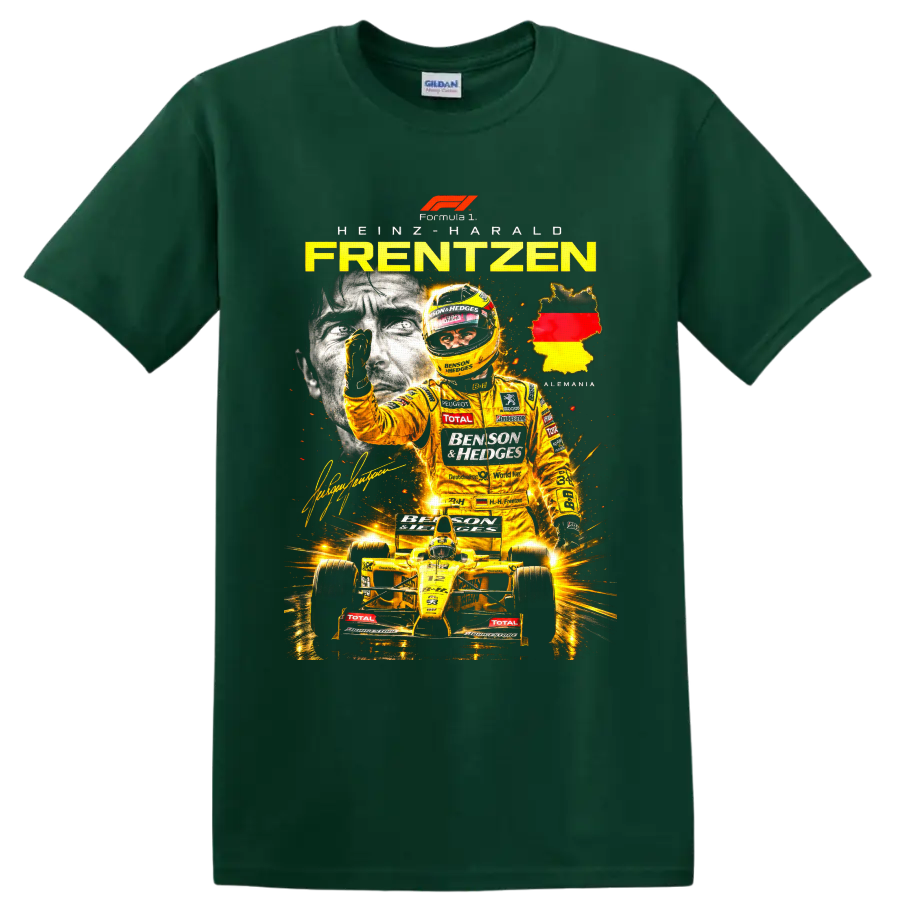 Heinz-Harald Frentzen Jordan Formula 1 yellow racing collage with Germany map on a Forest Green T Shirt