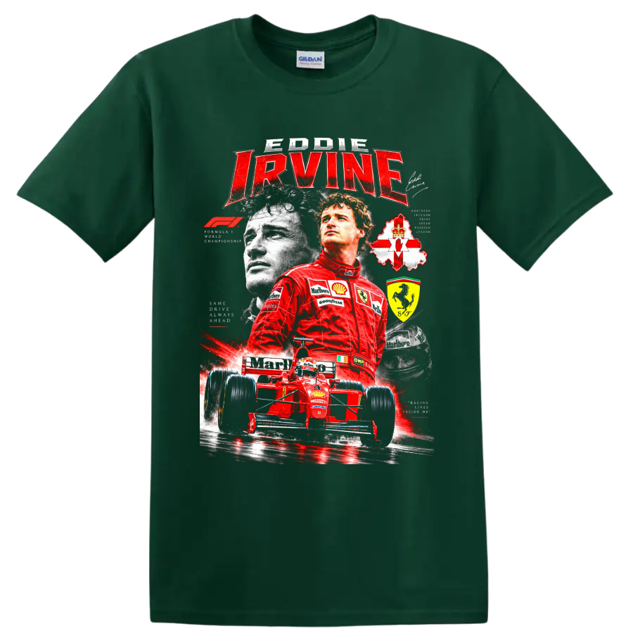 Eddie Irvine Ferrari Formula 1 collage with red race car, helmet, and Northern Ireland on a Forest Green T Shirt