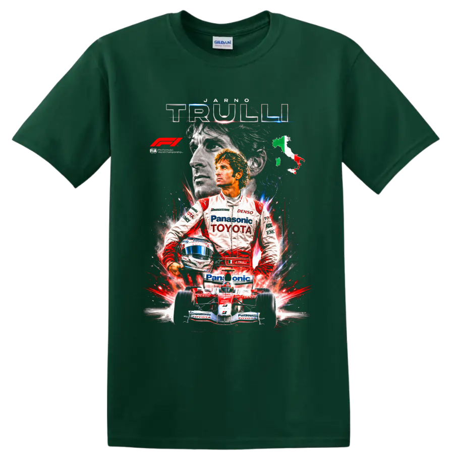 Jarno Trulli Toyota Formula 1 portrait with helmet, race car, and Italian map on a Forest Green T Shirt