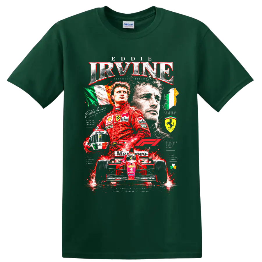 Eddie Irvine Ferrari Formula 1 collage with red race car, helmet, and Irish flags on a Forest Green T Shirt