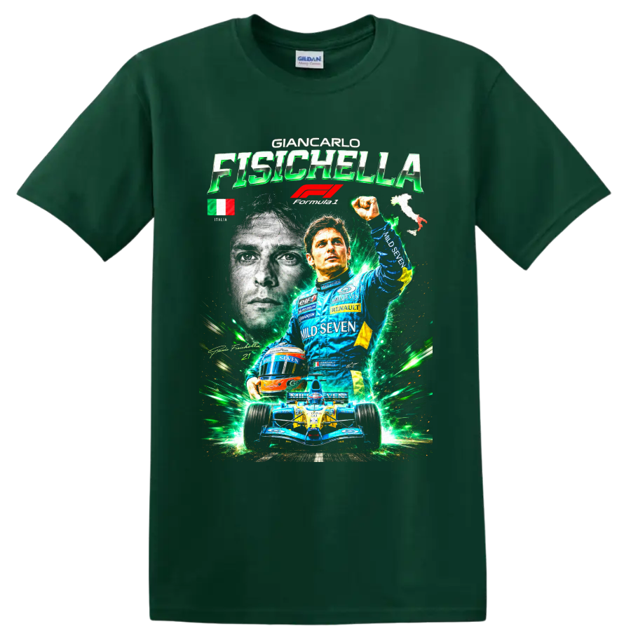 Giancarlo Fisichella Renault Formula 1 driver collage with race car and green energy on a Forest Green T Shirt