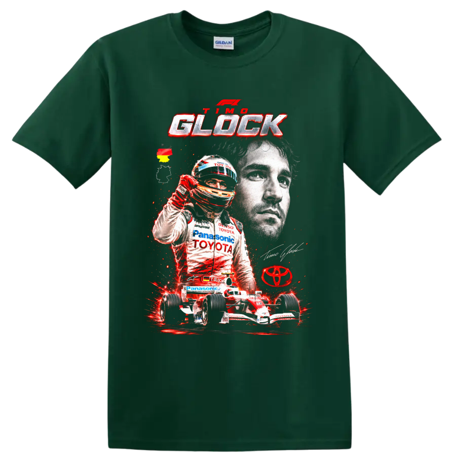 Timo Glock Toyota Formula 1 portrait, helmeted driver, and race car graphic on a Forest Green T Shirt